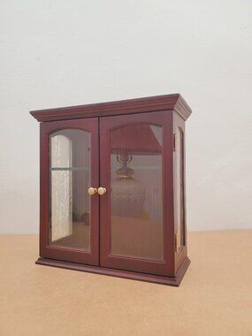 Vintage Wood Glass Cabinet, Trinket Display Case, Wall Mounted, one Shelf, Glass